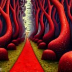 Solitary figure walking on vibrant red path in surreal forest