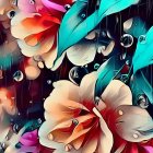 Colorful Stylized Flower Art with Vibrant Blue, Pink, and White Hues