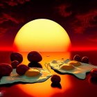 Vibrant surreal painting with red and orange hues, oversized leaves, fruits, and birds against a