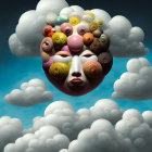 Surreal digital artwork: Floating face with large eyes, celestial bodies, flowers, and sun-like