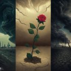 Surreal artwork: vase with roses, water reflection, lit ceiling, clouds