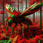 Colorful 3D surreal artwork: multicolored insect in red forest