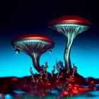 Person on sand dune views futuristic city with illuminated mushroom buildings