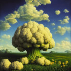 Surreal artwork of tree with broccoli-like trunk and ornate leaf structures surrounded by green patterns