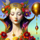 Fantastical portrait featuring ornate headgear and cosmic background