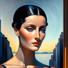 Surrealist art: stylized female figure with gold headdress and blue eyes on abstract landscape