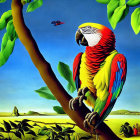 Vibrant exotic birds on tree branch under starry sky