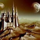 Fantastical landscape with spire-topped structures, orbs, balloons, and golden tree