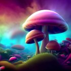 Colorful oversized red mushrooms in mystical forest setting with glowing lights