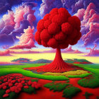 Fantasy landscape with red-leaved tree, floating dandelion-like structures, and pink spherical plants