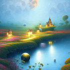 Fantasy landscape with castle on sandstone pillars, blue waters, boats, and flying birds at dusk