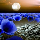 Fantasy landscape with blue flowers and swirling patterns under a sunset sky