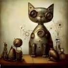 Steampunk cat with goggles and robotic mouse in digital art