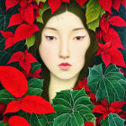 Colorful digital artwork: Woman's face fused with cactus plants, red flowers, green tones