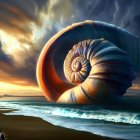 Iridescent nautilus shell on surreal shore landscape