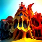 Abstract colorful illustration of distorted architectural structures under blue sky