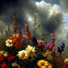 Colorful Flower Painting with Dramatic Sky