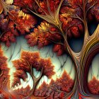 Surreal forest with stylized red foliage trees under teal sky