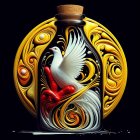 Ornate glass bottle with golden leaves and bird designs on dark background