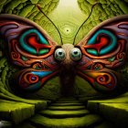 Colorful surreal painting of stylized butterfly with intricate designs on yellow and black circle background.