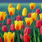 Colorful Yellow and Purple Tulip Field with Green Foliage and Cloudy Sky