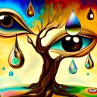 Surreal tree with eye-shaped branches and peacock feather ornaments on starry background