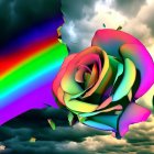 Colorful rose with water droplets and rainbow gradient background