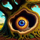 Surreal image: girl with oversized eyes and giant eye on hill under dramatic sky