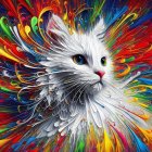 Colorful digital art: Cat with blue eyes in psychedelic backdrop