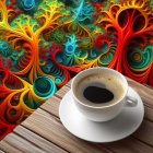 Whimsical still life with coffee cup and striped chocolate desserts on rustic backdrop