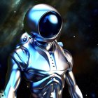 Futuristic astronaut in reflective helmet in cosmic setting