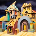 Whimsical surreal painting of swirling buildings and moon