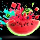 Colorful exploding watermelon slices on dark background.