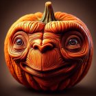 Surreal artwork: stylized tree in pumpkin with eyes and whimsical elements