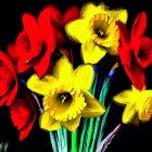 Colorful Floral Display: Yellow Flowers, Red Foliage, Dark Background