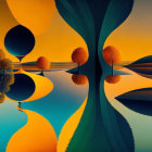 Symmetrical landscape digital art with vibrant colors and reflective surfaces