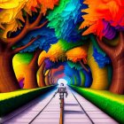 Person in Yellow Coat Walking on Colorful Path with Stylized Trees