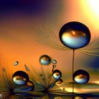 Colorful water droplets on textured surface with planet-like reflections