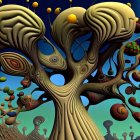 Surreal tree with mushroom canopy and underwater backdrop.