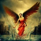 Colorful painting of figure with angelic wings evoking powerful energy.