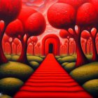 Fantastical landscape with red path, lush trees, gradient sky