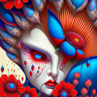 Colorful artwork of woman's face with flowers & butterflies