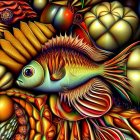 Colorful underwater painting: Large ornate fish among intricate patterns and flora.