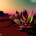 Surreal sunset landscape with abstract sculptures, reflective orbs, water body, and vibrant flora