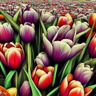 Colorful Stylized Tulip Field in Purple, Yellow, and Red