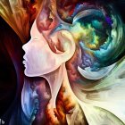 Digital artwork: Woman's profile merges with fractal patterns in vibrant colors