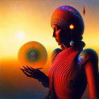 Futuristic digital art of female humanoid in alien flora at sunset