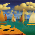 Vibrant mural featuring boats on stylized water in reds, blues, and yellows