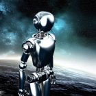 Reflective futuristic robot in alien landscape with starry sky and floating figure