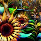 Colorful Sunflower Painting with Stylized Forest Background